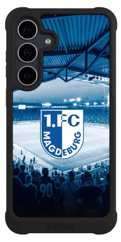 NIVOCASE Hülle für Samsung Galaxy S25 FE Stoßfeste Handyhülle NIVOmax Case Schwarz Stadion 1. FC Magdeburg 1. FCM