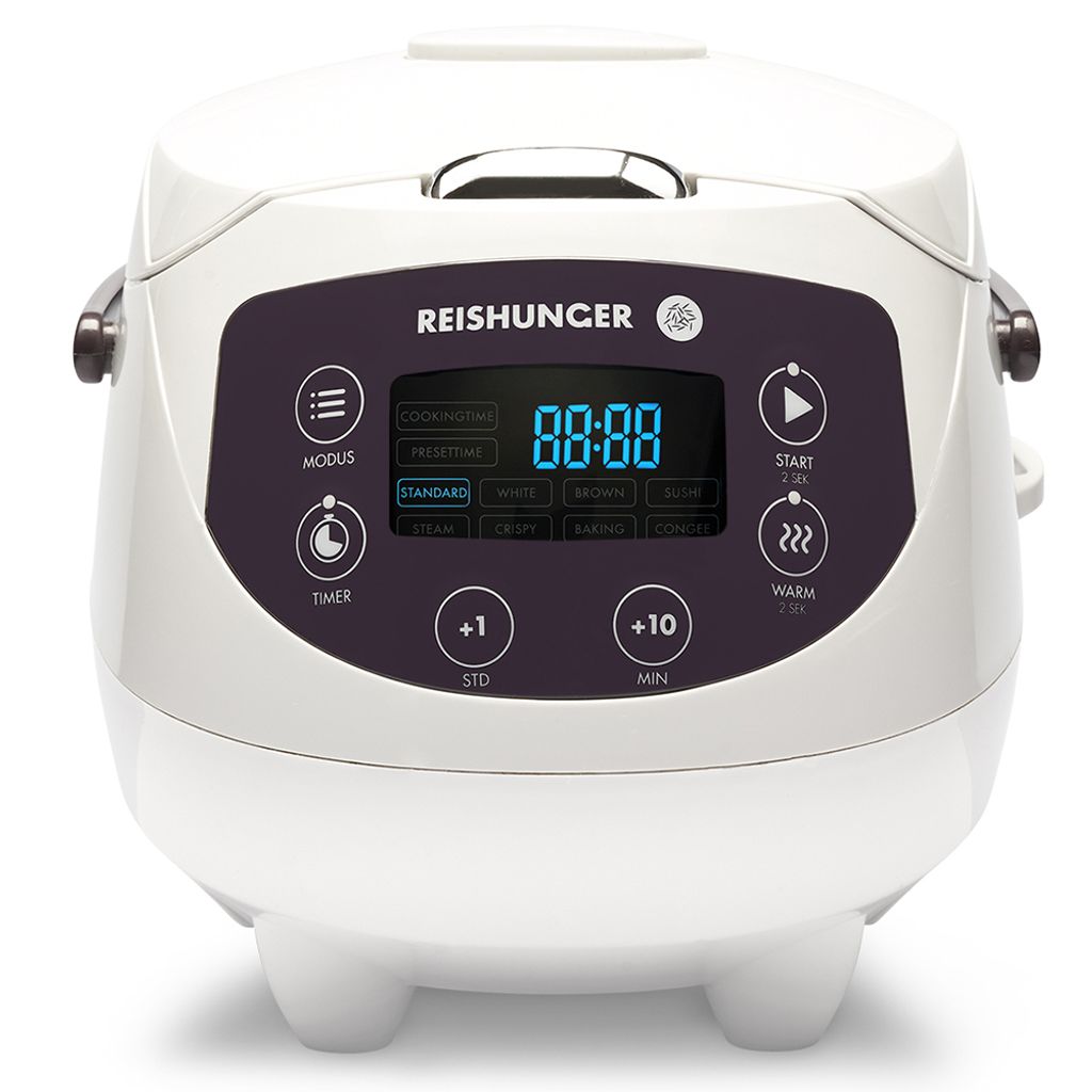 A white digital rice cooker with a dark control panel and a blue digital display.