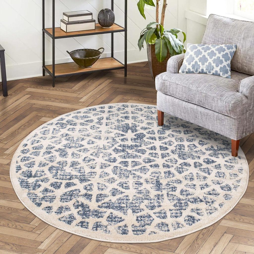 Teppich Wohnzimmer Blau - 200 cm Rund - Geometrisch Scandi-Stil - Kurzflor Fransenteppiche Modern