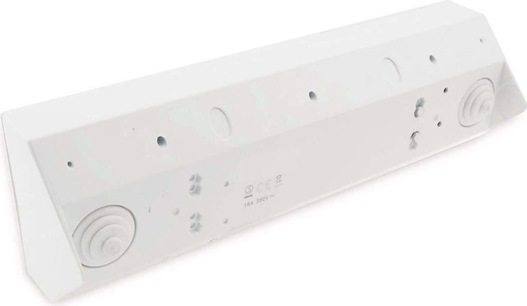 The back of a white, rectangular electrical outlet strip with multiple sockets and two USB ports.