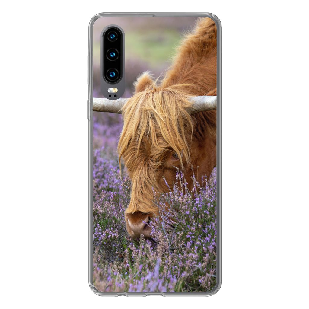 MuchoWow Handyhülle Schutzhülle Hülle für Huawei P30 Schottischer Highlander - Tiere - Heide Silikon Softcase Handy Hülle - Kartenbesitzer