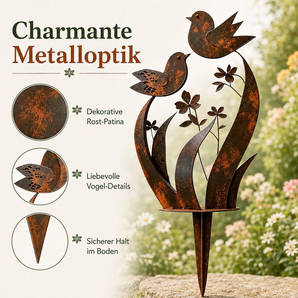Gartenstecker Metall mit Vogel & Wildblumen, wetterfest