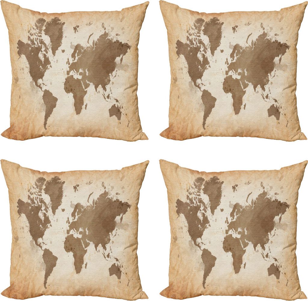ABAKUHAUS Weltkarte Kissenbezug Set (4 Stück), Vintage Erde Kontinente, Moderner Doppelseitiger Digitaldruck, 45 cm x 45 cm, Kaffee Beige