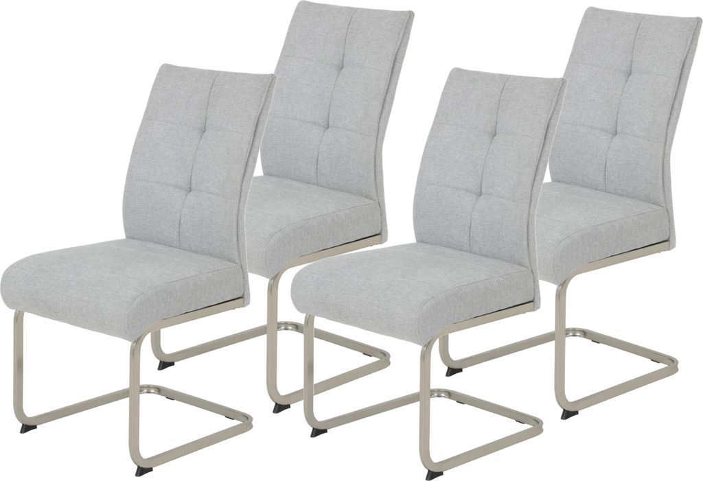 Hela Tische, 4er Set Esszimmerstuhl Freischwinger INES, Bezug Webstoff Grau, XL Komfortsitz Federkorb, Metallgestell Edelstahloptik, 140kg belastbar