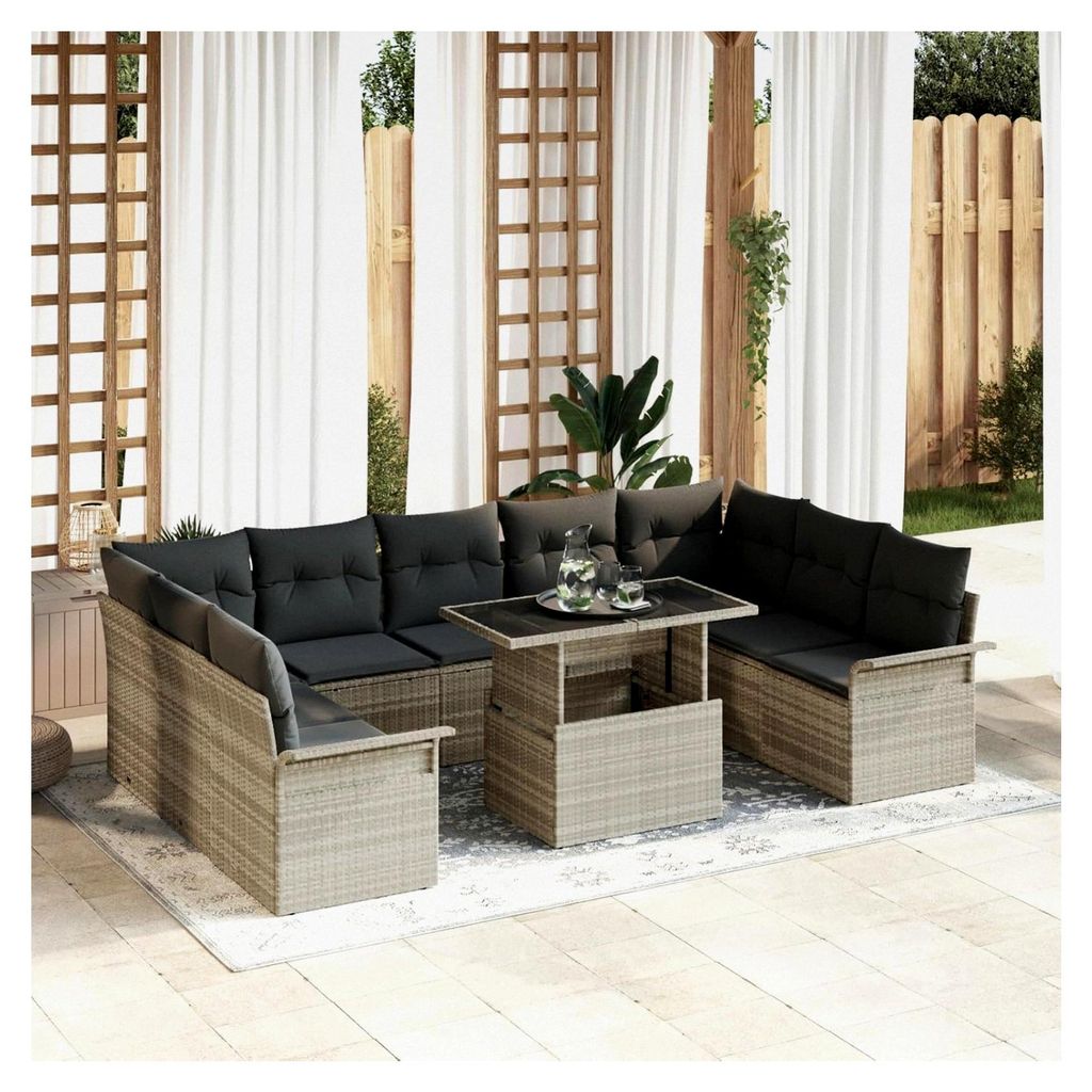 10-teiliges Garten-Sofa-Set mit Kissen aus hellgrauem Poly-Rattan für den Außenbereich