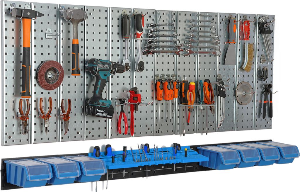 Werkzeugwand 156x72 cm Metall Lagersystem mit Werkzeughaltern Werkzeughaken und 7 Stapelboxen 120 x 200 x 90 mm Farbe: blau Lochbrett Werkstatt Gar...