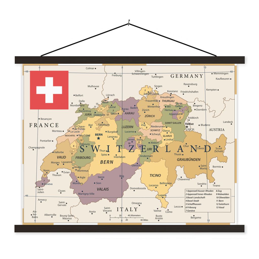 MuchoWow Textilposter Karte der Schweiz 120x90 cm mit schwarzem Rahmen - Aufhänger für Poster