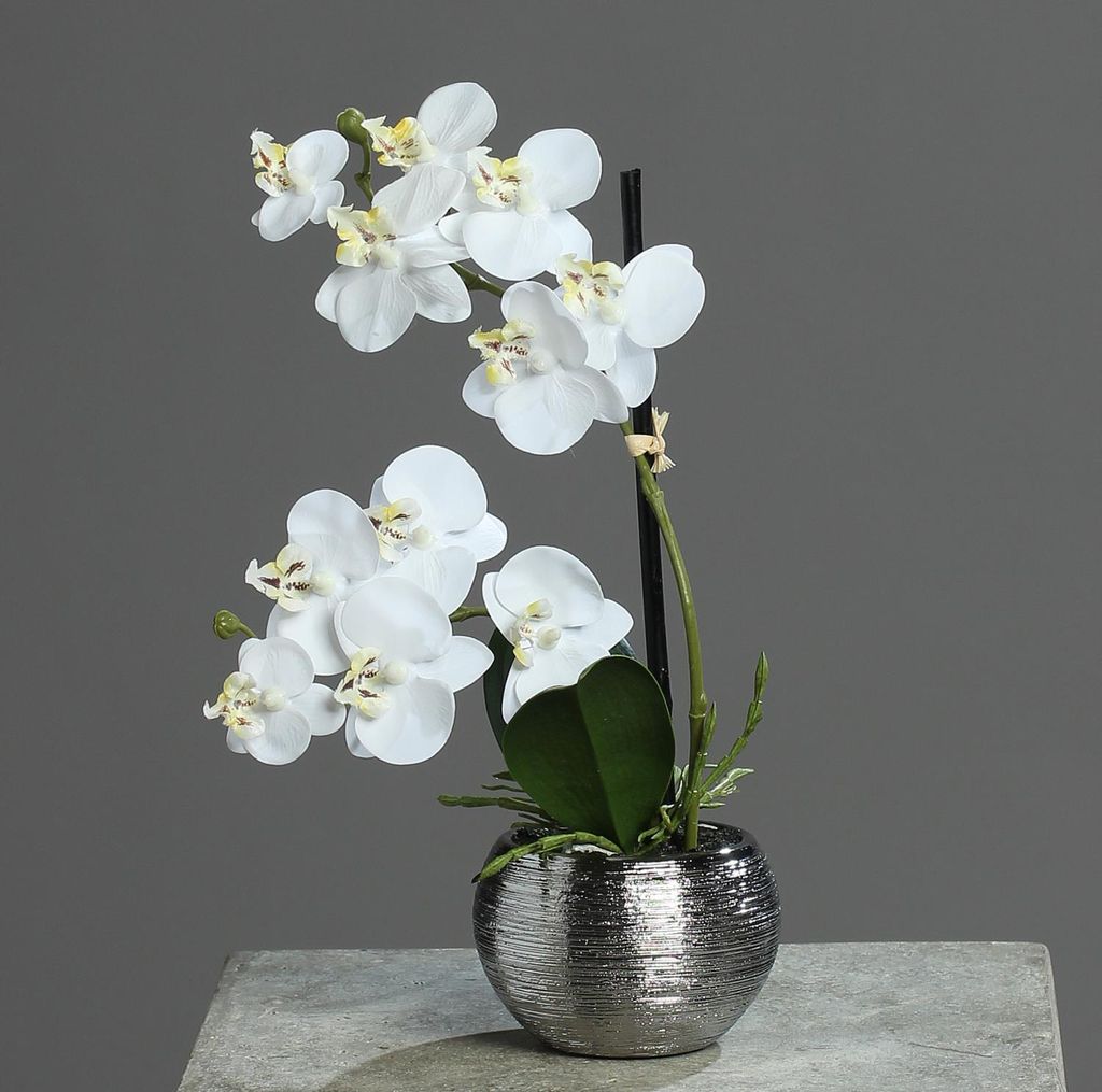 künstliche Orchidee, Phalaenopsis in rundem silbernen Topf Produktbild 