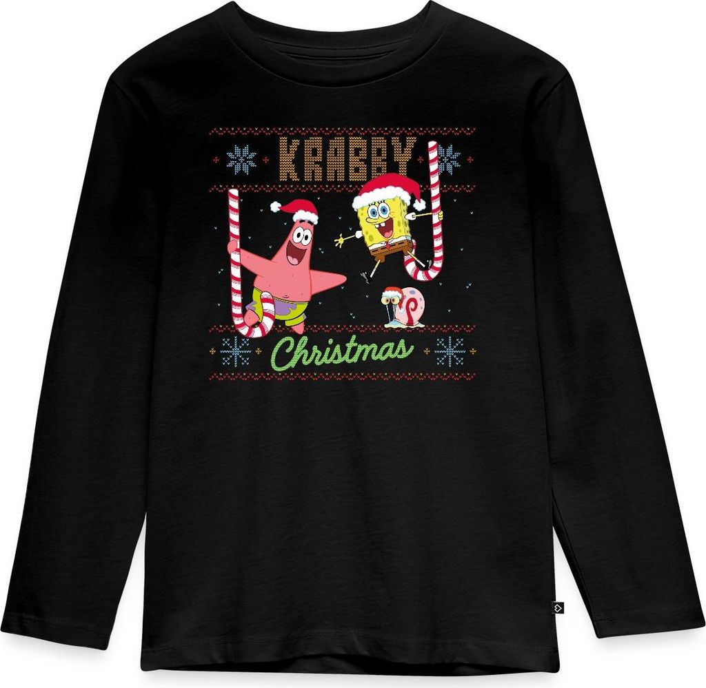 Spreadshirt SpongeBob Schwammkopf Krabby Ugly Christmas Kinder Premium Langarmshirt, 122/128 (6 Jahre), Schwarz