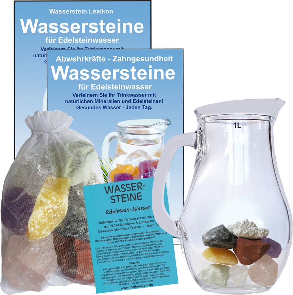 Edelstein Wasser Fit & Schlank 5-tlg Set zum Wasser energetisieren+ 1 Liter Glaskrug + Beschreibung
