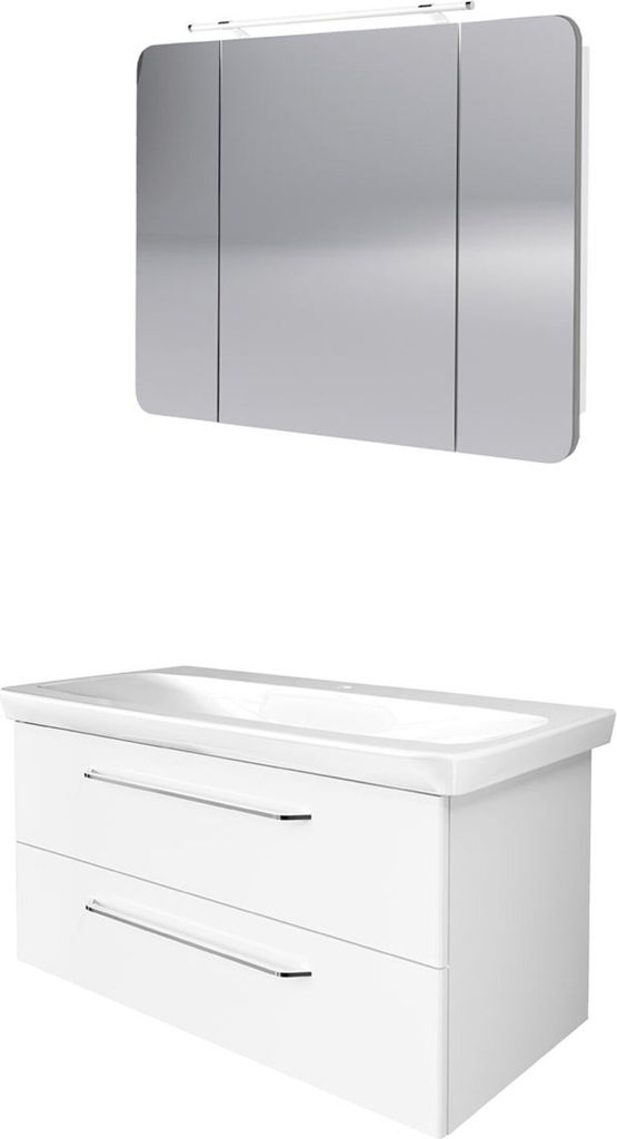 Fackelmann MILANO Badmöbel Set 3-teilig, 100 cm, Weiß, Keramik, LED-Spiegelschrank