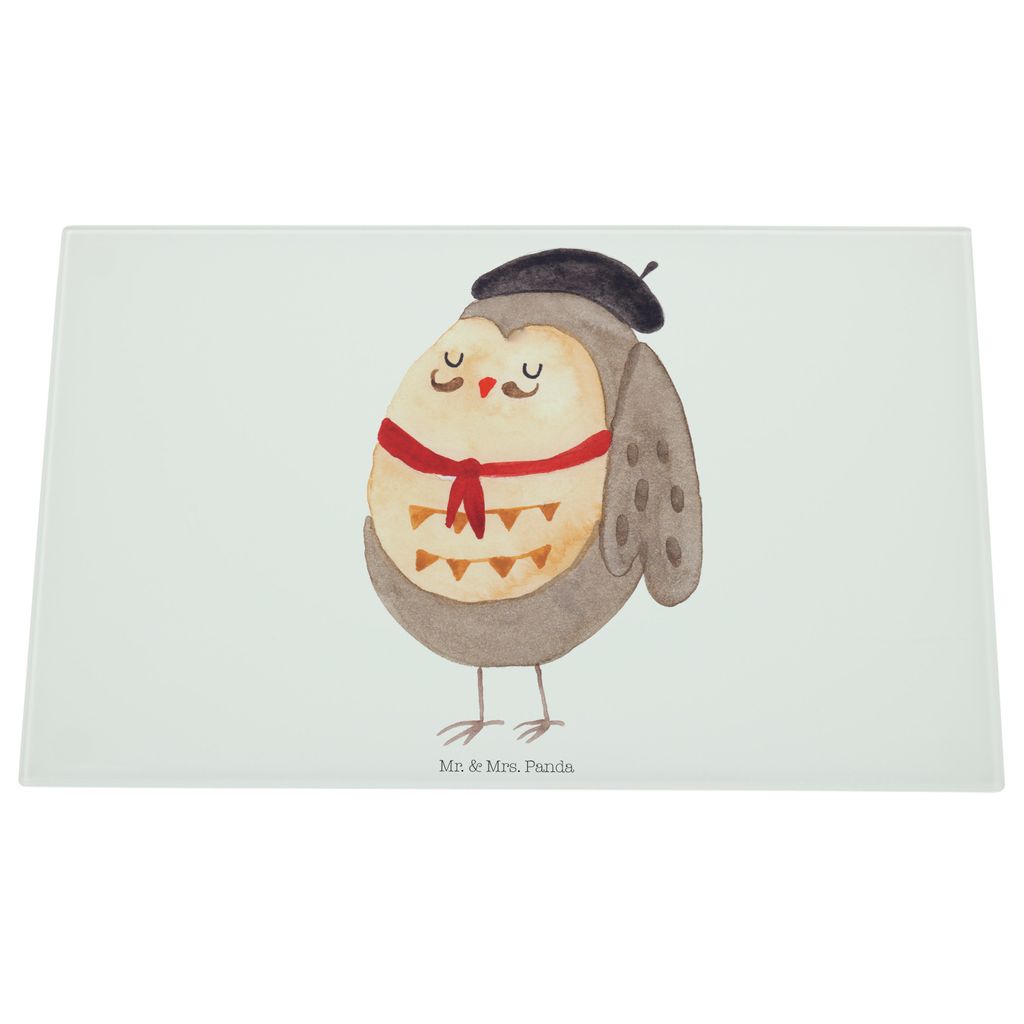 Mr. & Mrs. Panda Hackbrett Eule Frankreich - Weiß - Geschenk, Das Leben Ist schön, Owl, Glasschneidebrett, La Vie Est Belle, Schneidebrett Aus Gl...
