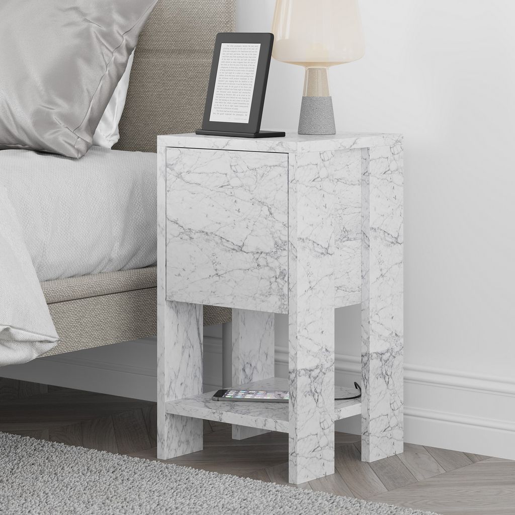 Skye Decor, Ema - Carrara Marble, Nachttisch, Carrara-Marmor, 100 % MELAMINBESCHICHTETE SPANPLATTEN, 30 x 30 x 55 cm