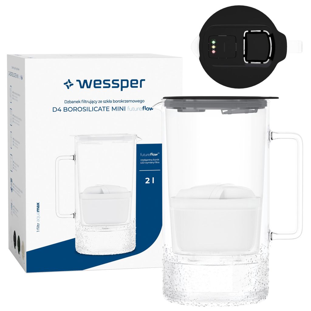Wessper Glas Wasserfilterkanne Schwarz 2L mit LED Anzeige + Produktbild 