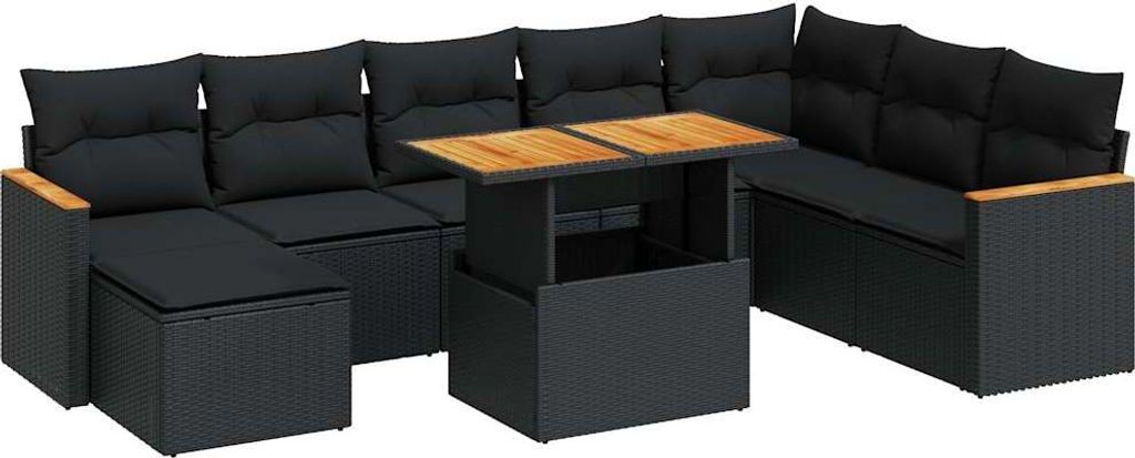 9-tlg. Garten-Sofagarnitur mit Kissen Schwarz Poly Rattan