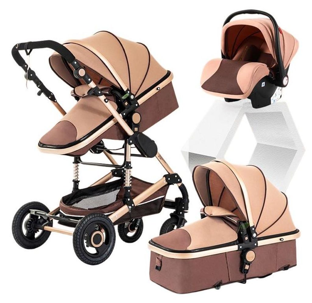 Kombi-Kinderwagen mit Babyschale, 4-Rad Babywagen, faltbar, verstellbar, Hochsitz-Design, Gummiräder, Khaki