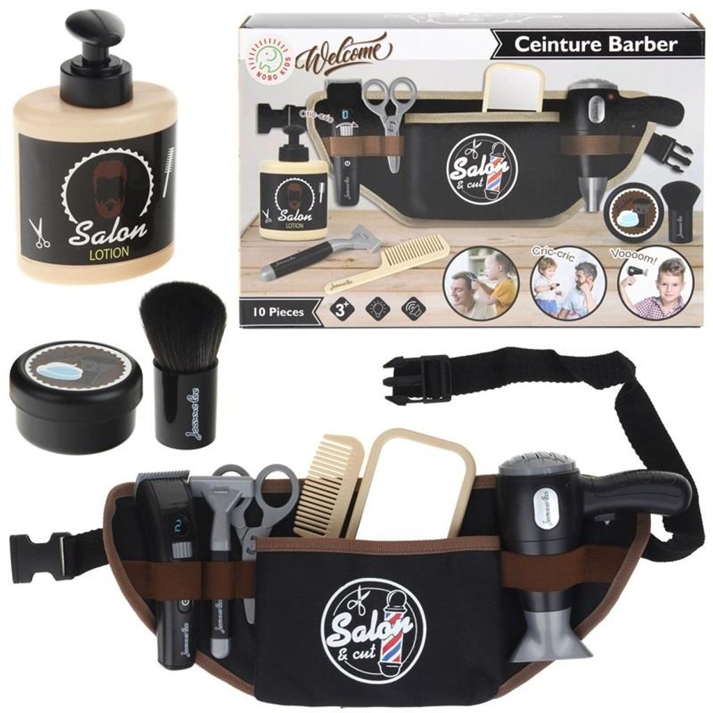 A collage of images showing a toy barber set, including a belt with accessories and individual items like lotion and a brush.