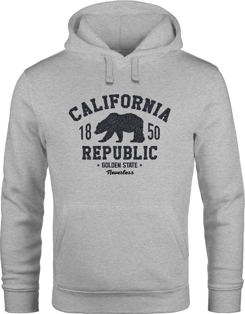 Hoodie Herren California Republic Kalifornien Grizzly Bär Bear Aufdruck Print Kapuzen-Pullover Männer Neverless grau XL