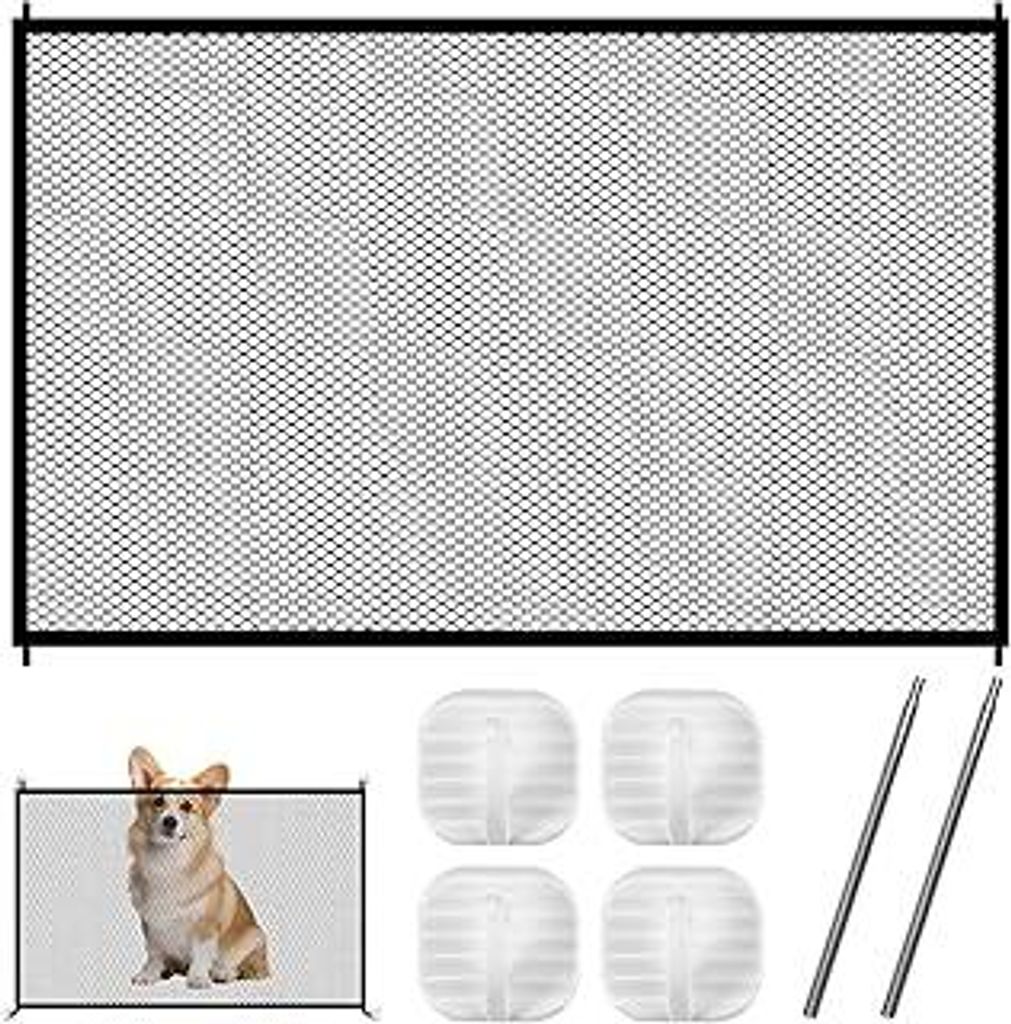 Türgitter Ohne Bohren 110 x 72 cm mit 4 Klebehaken und 2 Teleskopstangen,Treppenschutzgitter Hund, Treppenschutz, Tierschutzgitter für Treppen, F...