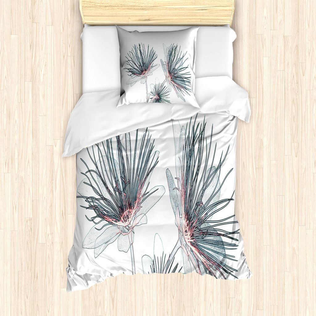 ABAKUHAUS Blumen Bettbezug Set, Xtray Effekt Illustrated Passionsblume Blumenkunstdruck, 135 x 200 cm + 80 x 80 cm, Blassblau Grau Dunkelblau