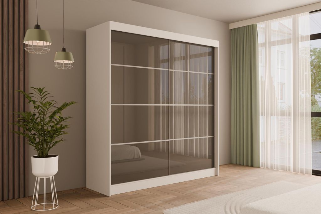 ALTDECOR Kleiderschrank mit Lacobel-Schiebetüren, kugelgelagerte Führungsschienen und Aluminium-Leisten - PEKA3 - 200 cm Weiß / Grau