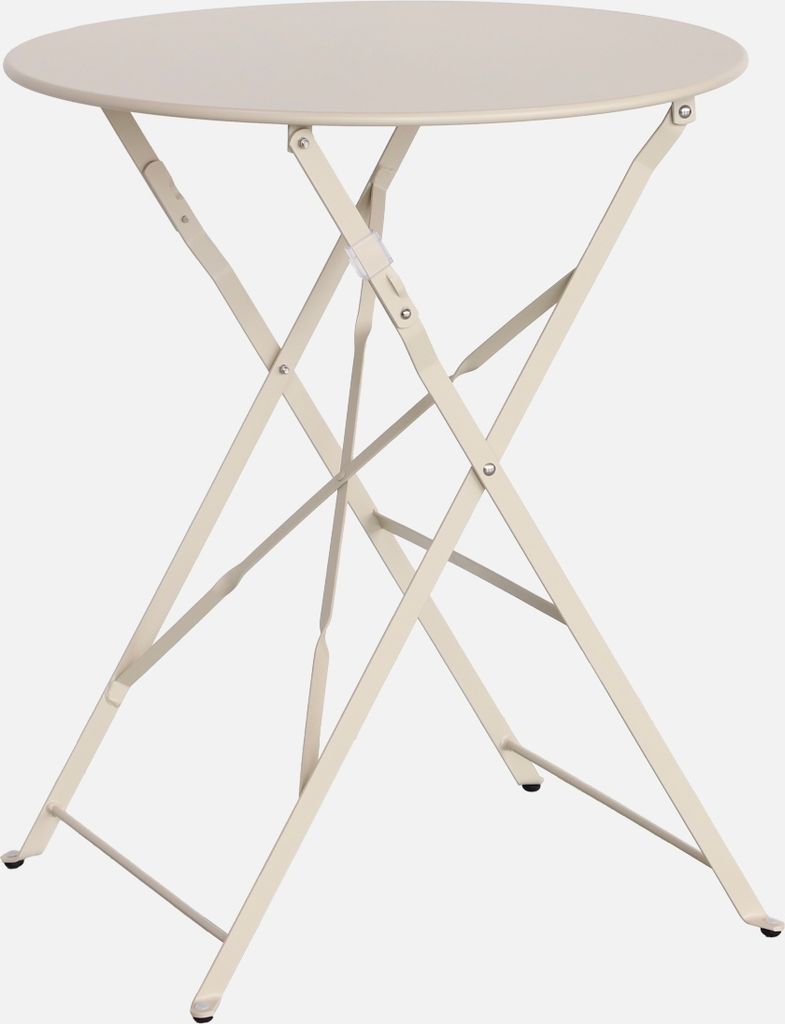A beige folding bistro table with a round top and a criss-cross metal base.
