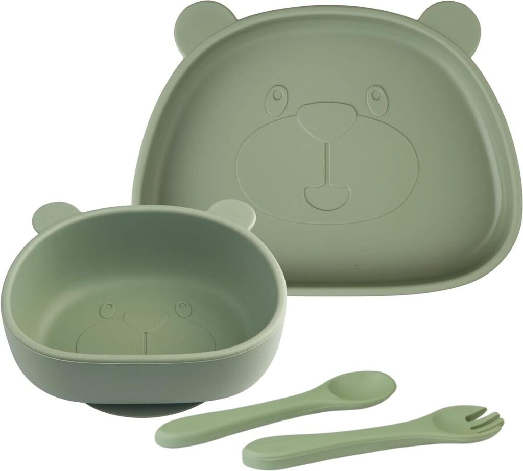 Kinderteller Geschirr-Sets 4 Stücke, Silikon Baby Teller Rutschfest Schüssel mit Löffel Gabel, Babyteller Schüssel mit Saugnapf BPA Freie Spül...