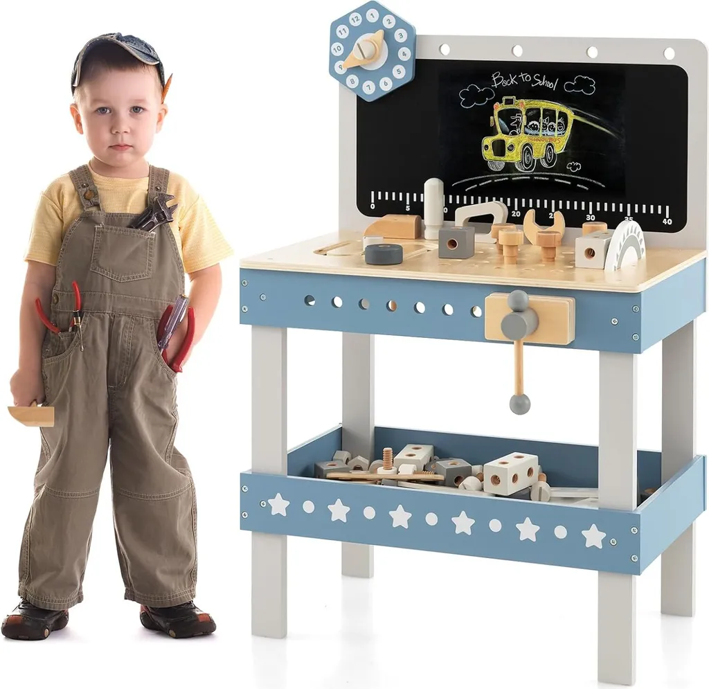 COSTWAY Établi pour enfants en bois bleu avec 61 accessoires de jeu