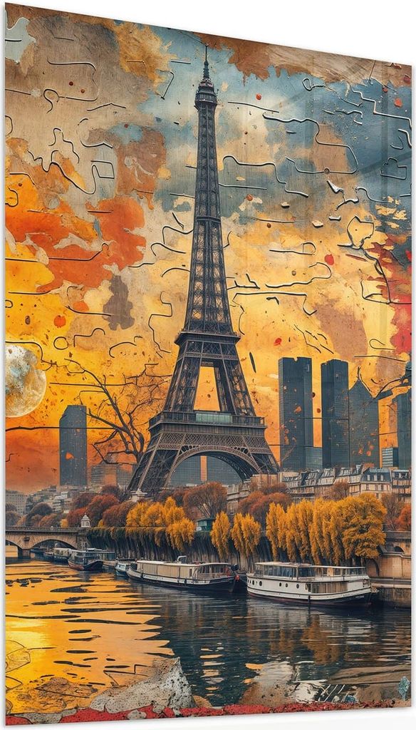 Glasbild 60x90cm in XXL für Wohnzimmer, Schlafzimmer Motiv Eiffelturm Skyline