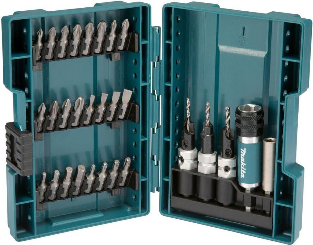 An open teal plastic case containing various drill bits and screwdriver bits.
