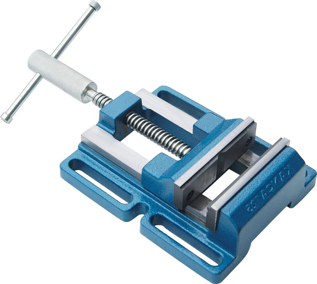 A blue metal vise with a silver handle is shown against a white background.