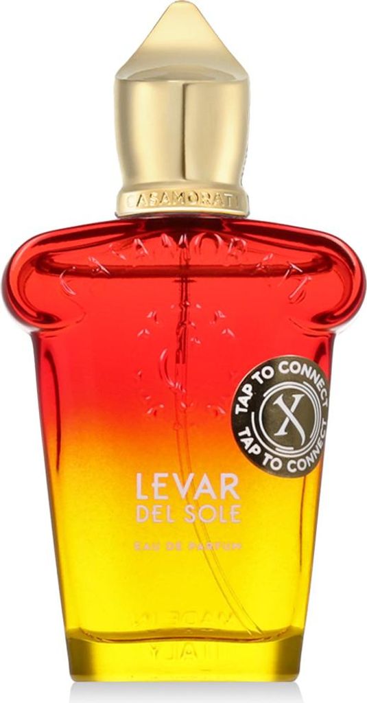 A perfume bottle with a gradient of red to yellow, topped with a gold cap.