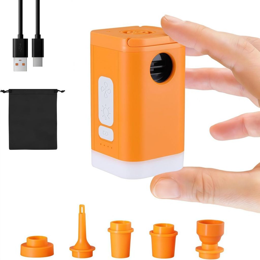 Elektrische Luftpumpe mit Campinglampe, 6 Universal-Düsen, 2400mAh Wiederaufladbar Mini Luftpumpe Tragbare für Luftmatratze,Schwimmring,Vakuumbeutel