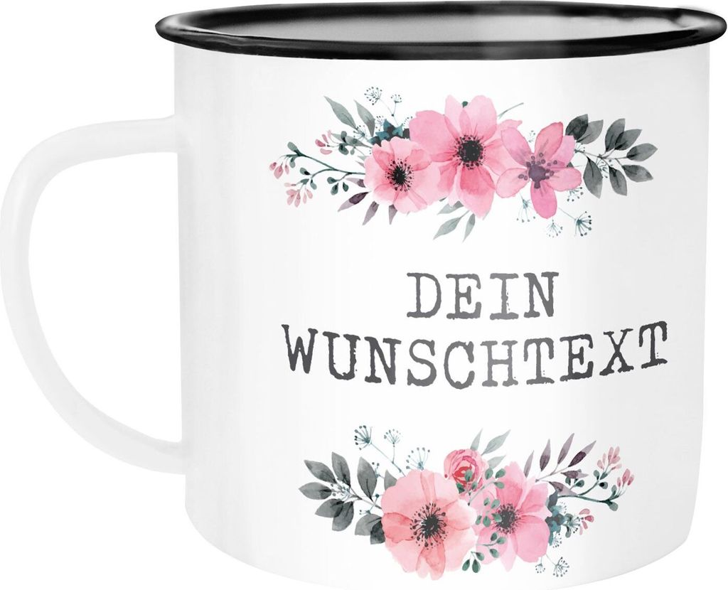 Emaille Tasse Becher Ich hasse Menschen Blumige Grüße Kaffeetasse Moonworks Dein Wunschtext weiß unisize