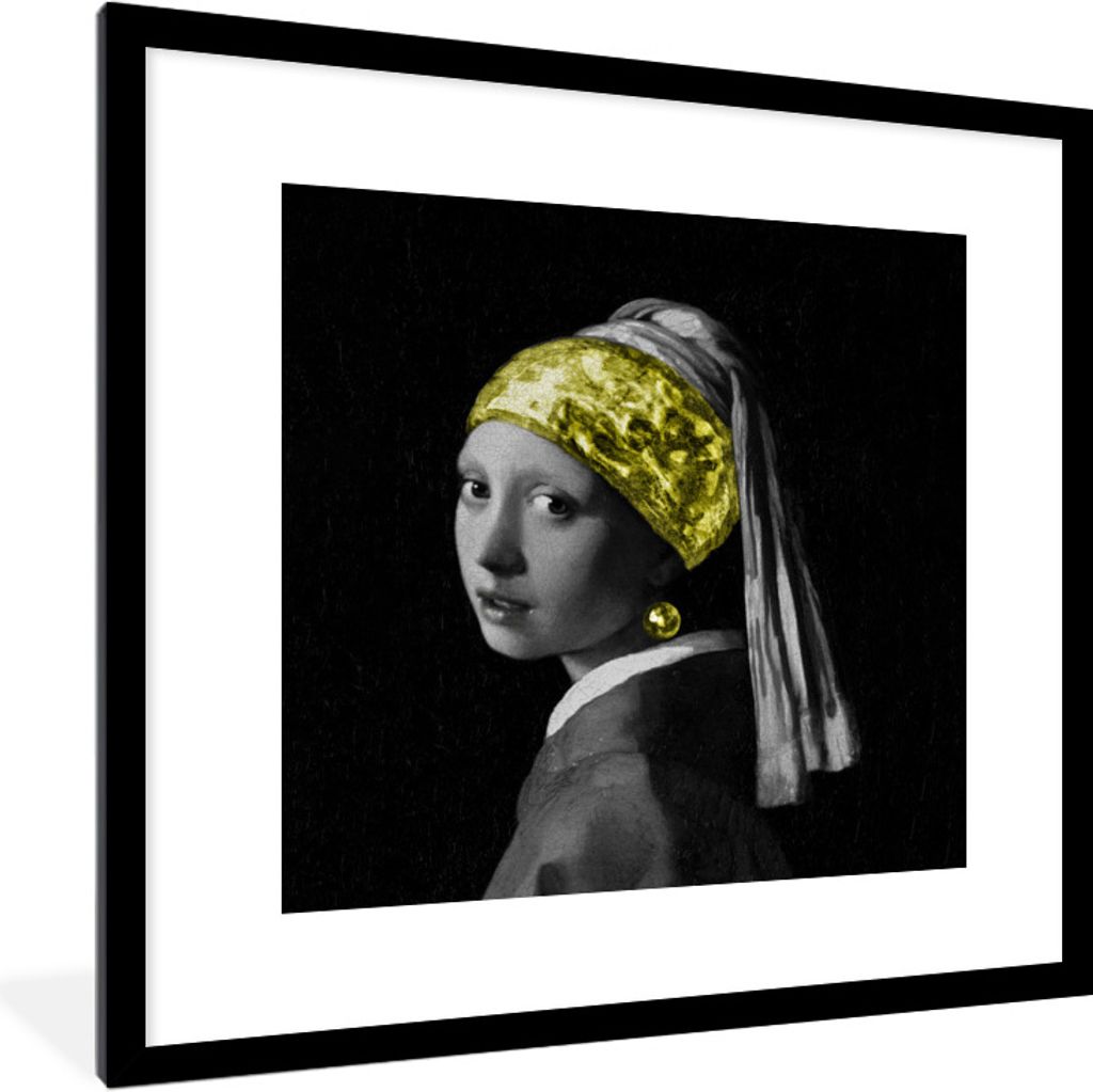 MuchoWow Gerahmtes Poster Mädchen mit einem Perlenohrring - Gemälde - Gold 40x40 cm - Poster mit Schwarzem Bilderrahmen Wandposter Rahmen Foto ...