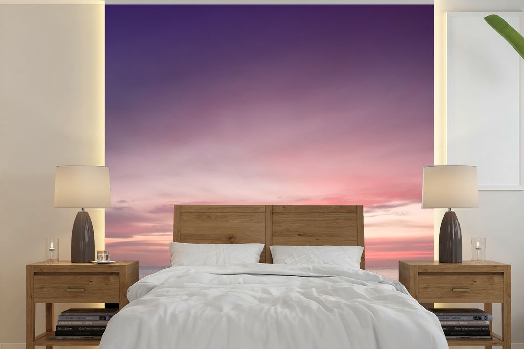 MuchoWow Fototapete für Wohnzimmer oder Schlafzimmer Wandtapete Vinyl Motivtapete Himmel - Lila - Meer - 240x240 cm - Schlafzimmer-Tapete