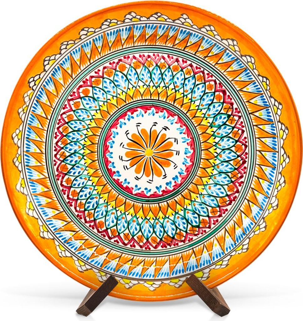 Lagan orange Mehrob, Rischtan Keramik, Handarbeit, Muster MIX, Ø 37 cm Glasur Teller Handarbeit Oriental Usbekische