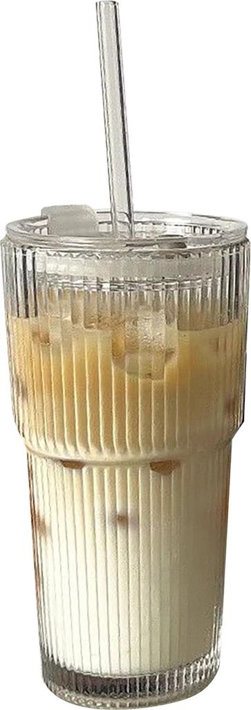 Gestreifter Glasbecher mit Deckel und Strohhalm, 600 ml, wiederverwendbarer Kaffeebecher aus Glas für Eissaft, Milch, Tee, Eiskaffee, spülmaschin...