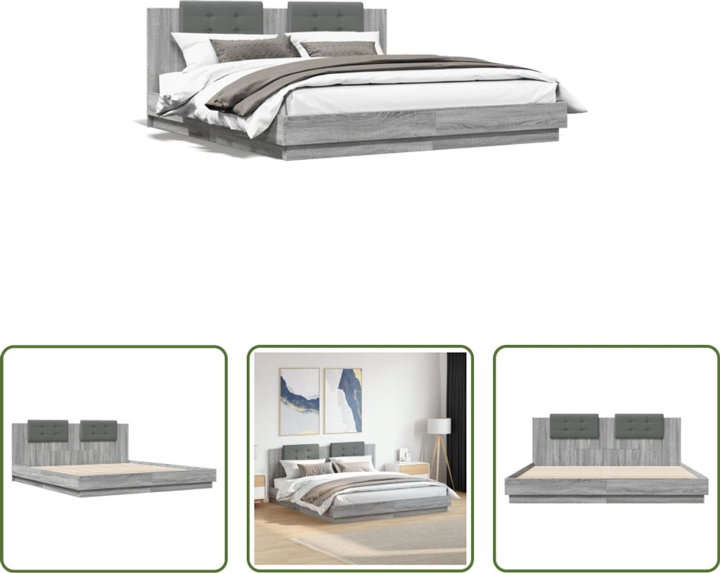 The Living Store Bettgestell mit Kopfteil Grau Sonoma 200x200cm Holzwerkstoff