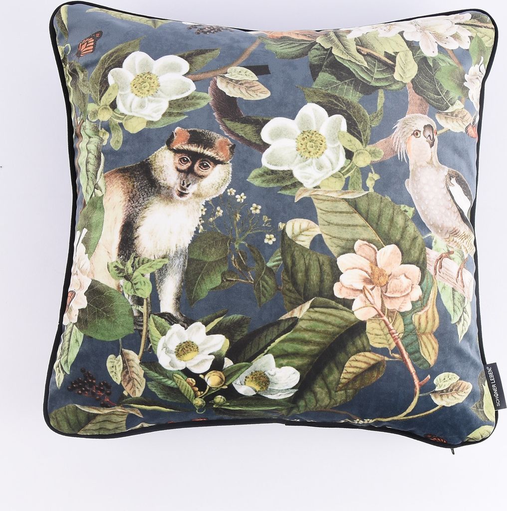 Wendekissen Samt Affe Blumen Vogel blau 50x50cm Produktbild 
