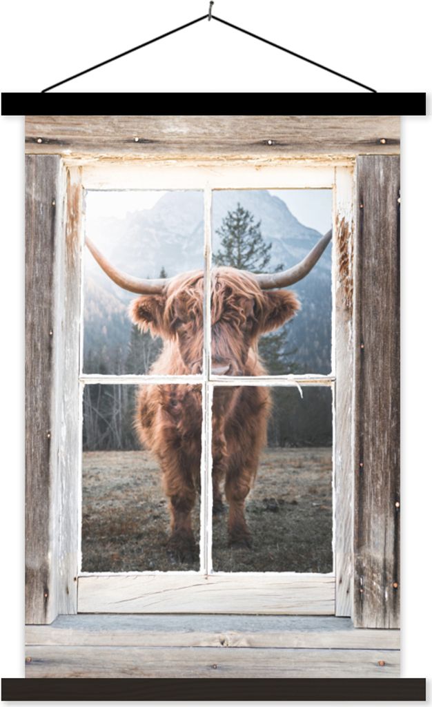 MuchoWow Textilposter Schottisches Hochlandrind - Kuh - Ansicht 60x90 cm mit schwarzem Rahmen - Poster Wohnzimmer