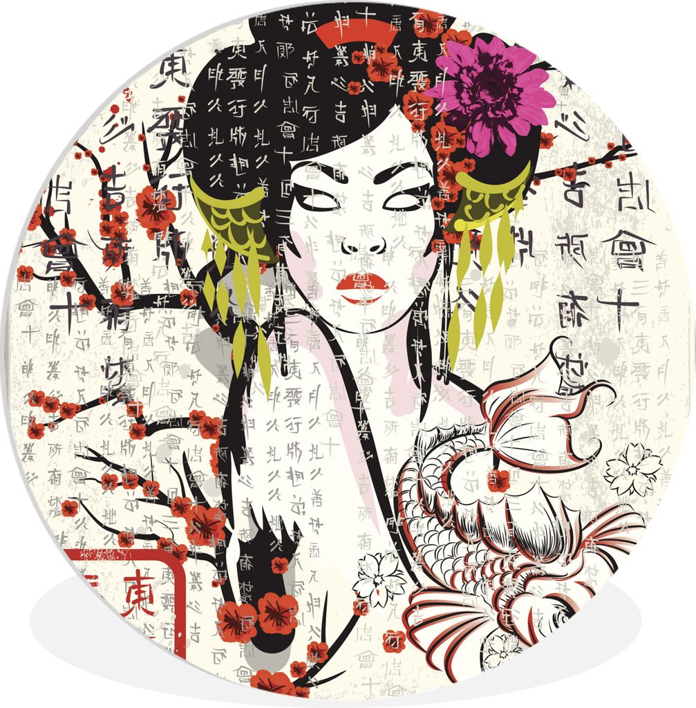 MuchoWow Rundes Wandbild - Runde Bilder Japanische Illustration traditionelle Frau Ø 90 cm Kreis Wanddekoration Kunststoff - Wandkreis - Wandsch...
