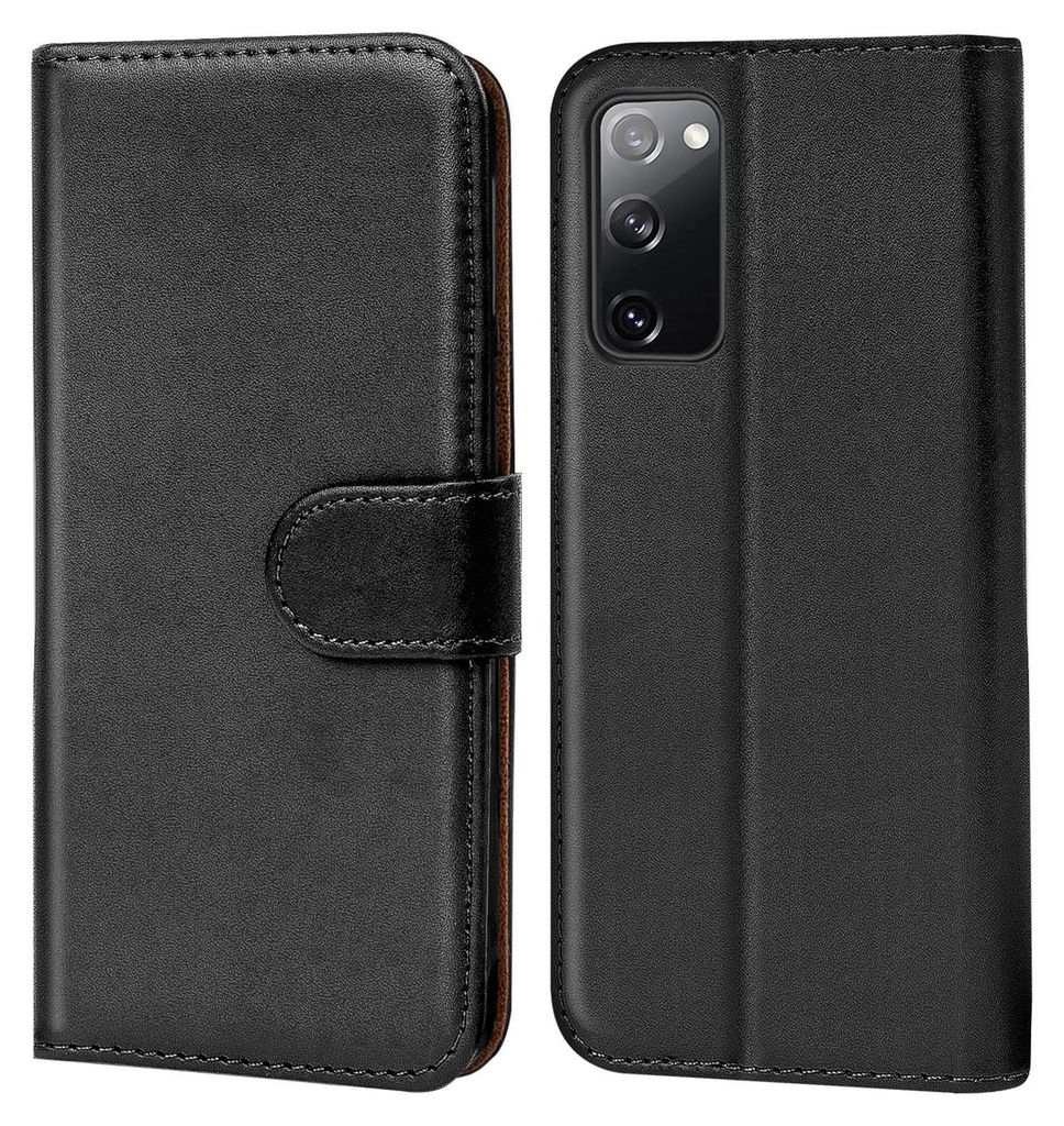 A black flip case for a Samsung Galaxy S20 FE phone is shown from the front and back.