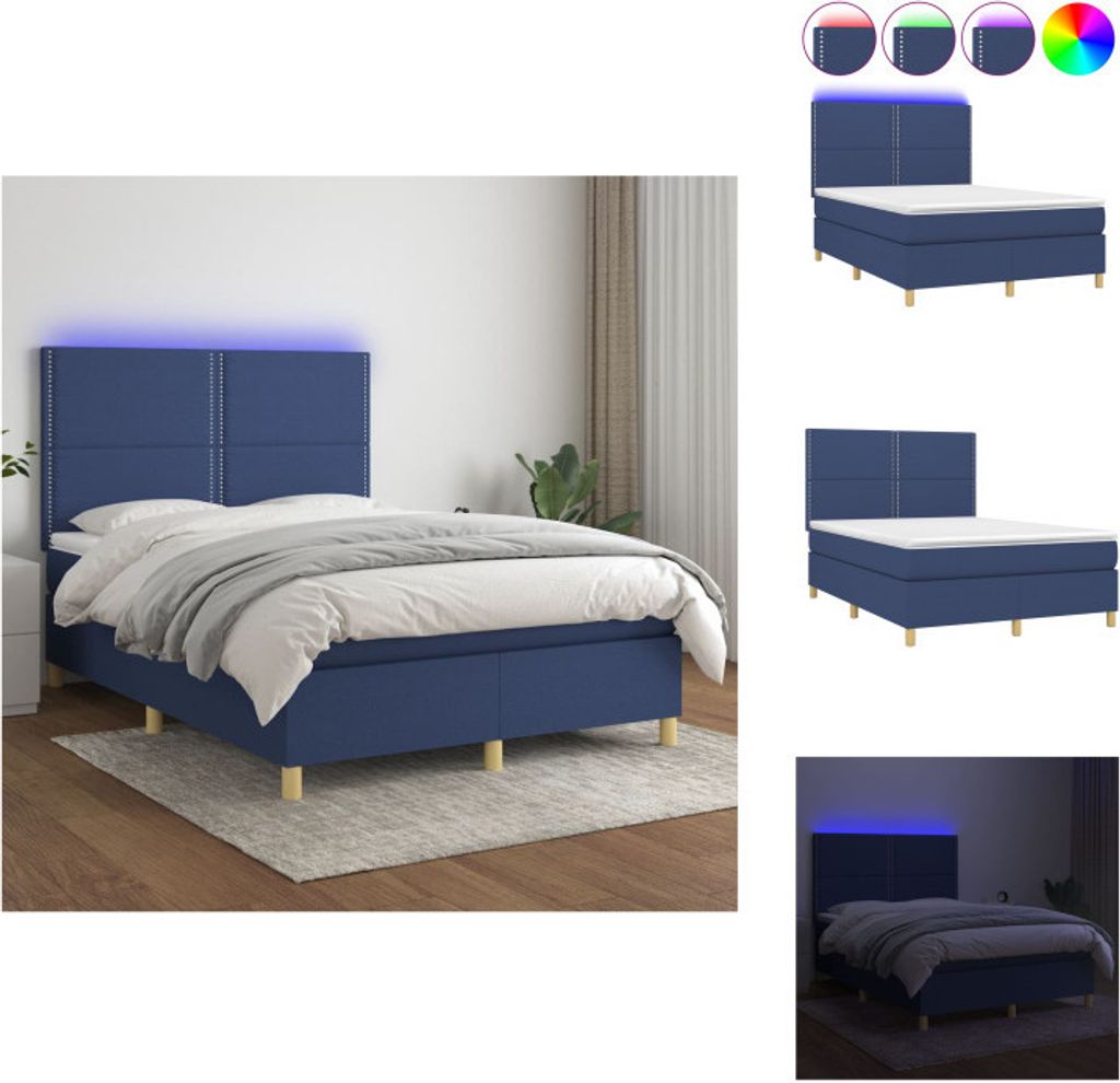 vidaXL Boxspringbett mit Matratze & LED Blau 140x200 cm Stoff - Betten & Bettgestelle