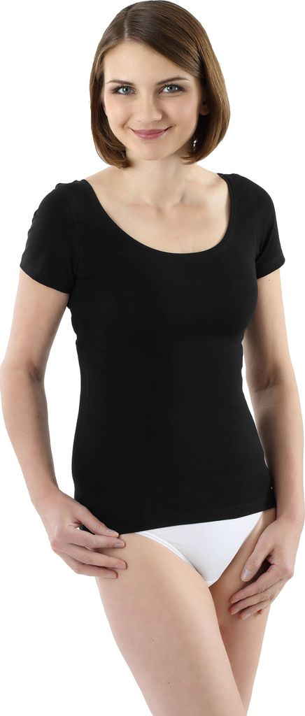 ALBERT KREUZ Damen Kurzarm Unterhemd mit tiefem weiten Ausschnitt Stretch-Baumwolle schwarz, 40-42 / L