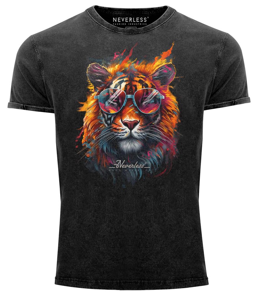 Herren Vintage Shirt Tiger Print Aufdruck Flammen Sommer Sonnenbrille Kunst Fashion Streetstyle Used Look Neverless schwarz S