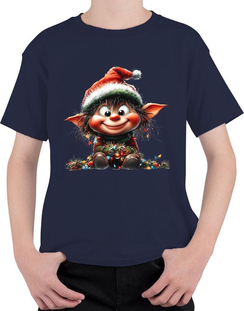 Weihnachtswichtel niedlich Lichterkette Kugeln Kinder Geschenk Uni Kinder T-Shirt, Navy, 116