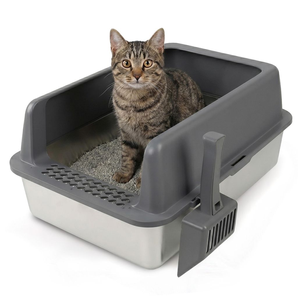 Katzenklo Edelstahl XXL, Katzentoilette mit schaufel, Half-Offene Edelstahl Katzentoilette Hoher Rand Verhindert Streuen Leicht zu reinigen