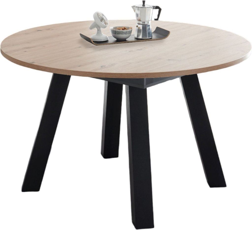 Esstisch Rund ausziehbar Edda 3 130 x 130 x 78 Küchentisch Schwarzstahl/Asteiche 13535-130