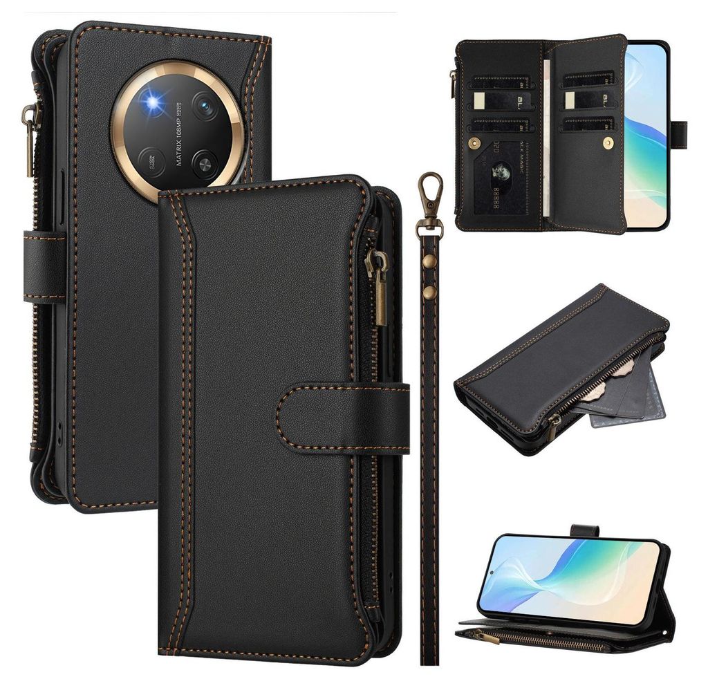 Handyhülle für Honor X9C/Magic7 Lite Reißverschluss Geldbörse Kunstleder Klapphülle mit Kartensteckplatz, Ständer, Handschlaufe Schwarz